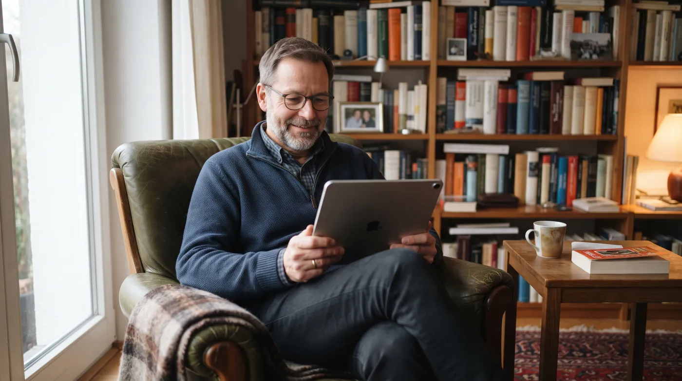 Mann liest im Sessel auf einem Tablet