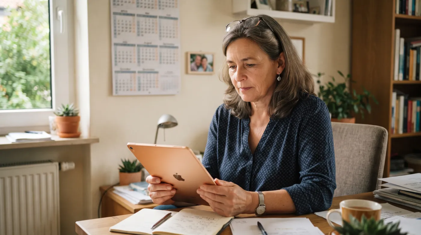 Frau am Schreibtisch mit Tablet und Wandkalender