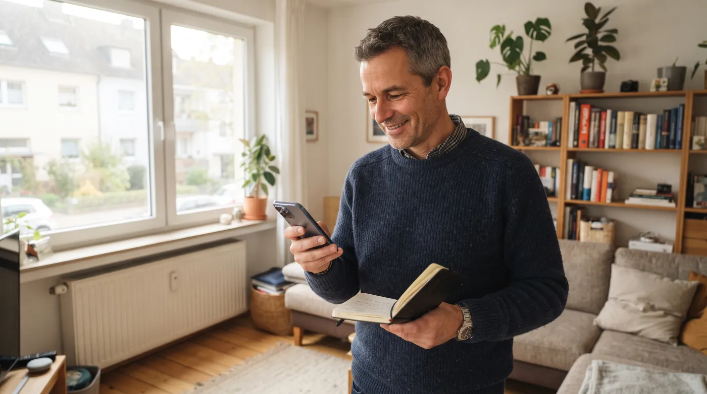 Sparer prüft Zinsen auf dem Smartphone