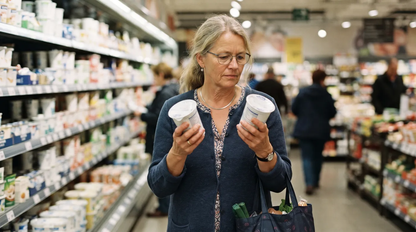 Frau vergleicht zwei Produkte im Supermarkt