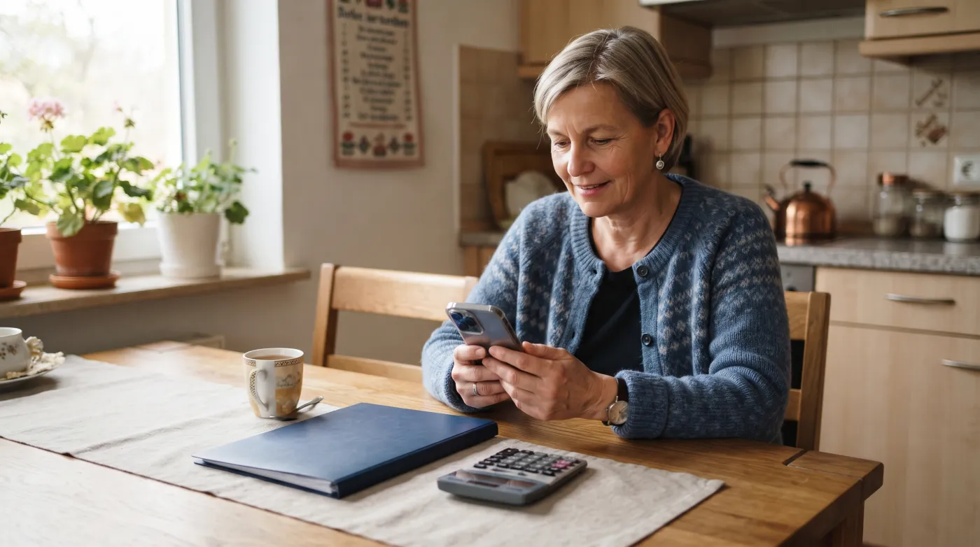 Frau rechnet mit Taschenrechner und Smartphone am Küchentisch