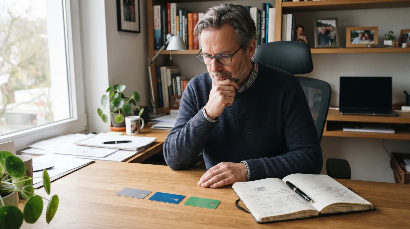 Sparer ordnet mehrere Bankverbindungen am Schreibtisch
