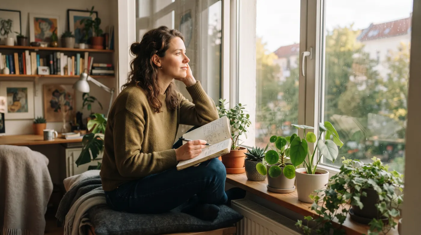 Frau sitzt mit Notizbuch am Fenster